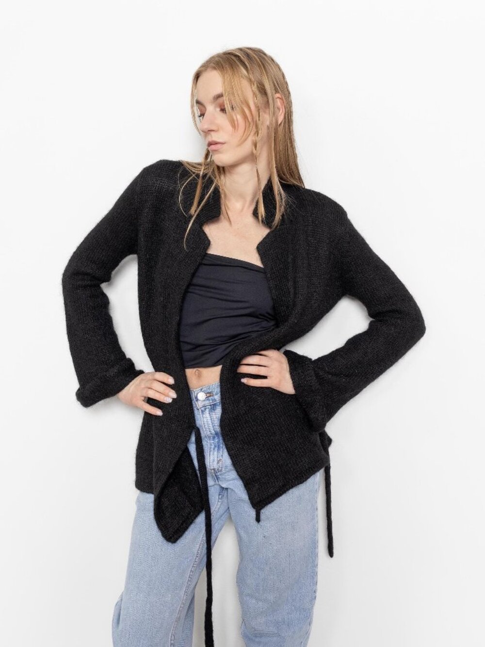 BLACK MOHAIR CARDIGAN Vintage Sweater Wear Knitwear 90's Wrap / Small